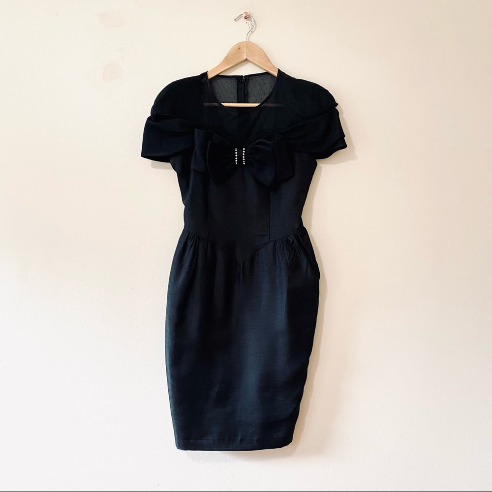 Vintage 80s black sheath dress sheer top bow front cocktail formal size 8